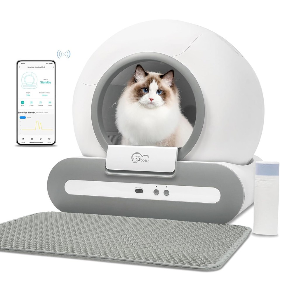 DOEl Self Cleaning Automatic Cat Litter Box 65L w/ Mat & Trash Bag APP Control