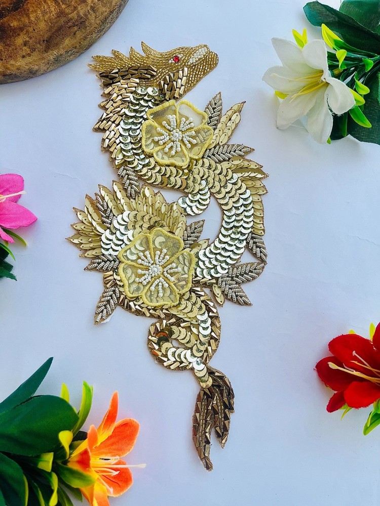 Handmade Zardozi Patch: Soft Gold Dragon Applique
