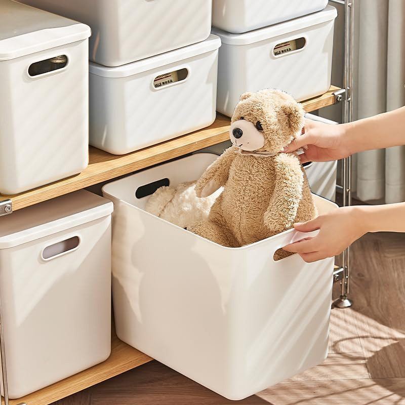 4 Pack Large Plastic Laundry Basket/Hamper with Lids and Handle，White Storage Bi