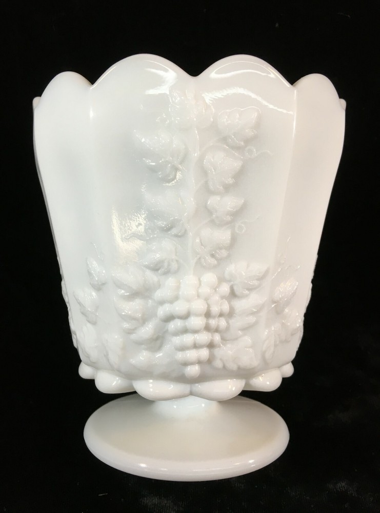 White Milk Glass Footed Planter Grape Pattern