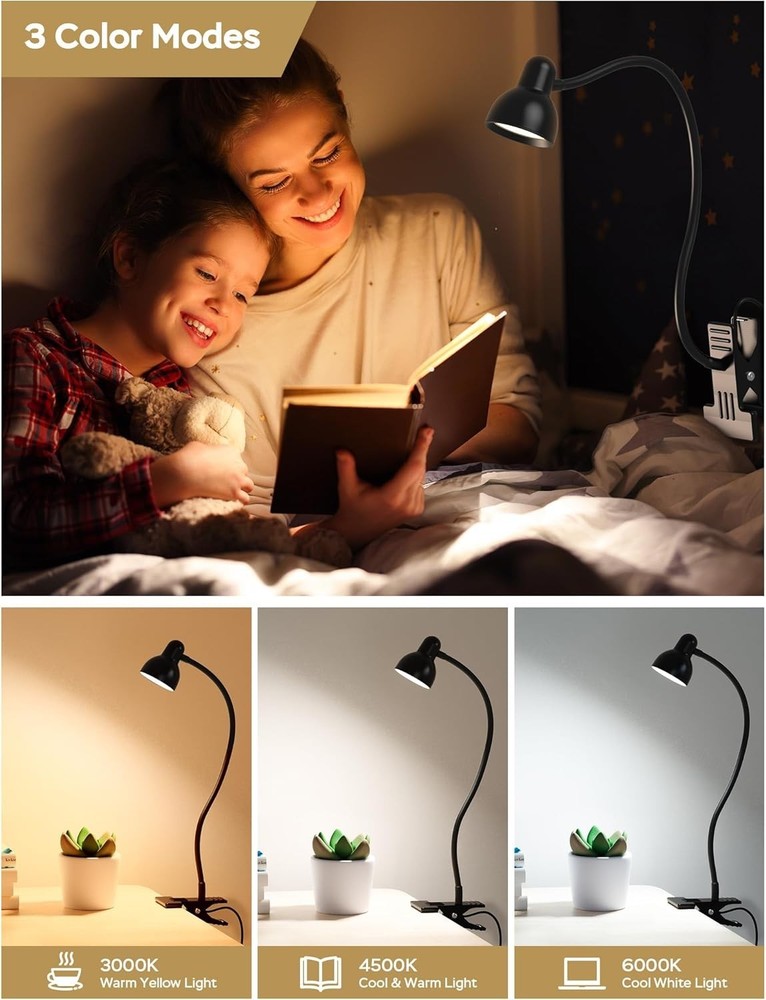 Clip on Lamp USB Reading Light, 3 Color Modes, 10 Brightness Dimmable, Flexible