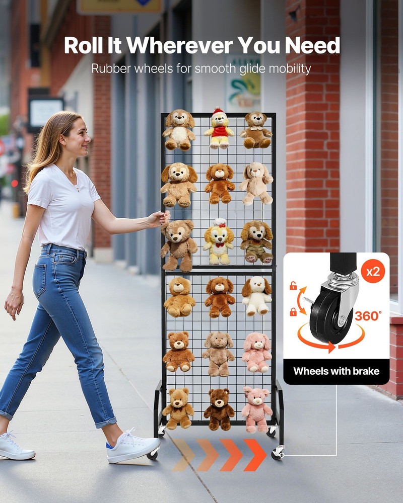 Grid Wall Panel 1.9x5.4ft, Black Carbon Steel, 10 Hooks & Locking Casters