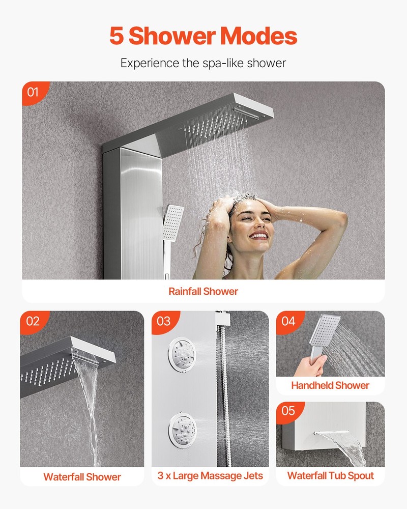 VEVOR Shower Panel Tower System Stainless Steel Column Rainfall Head Massage Jet
