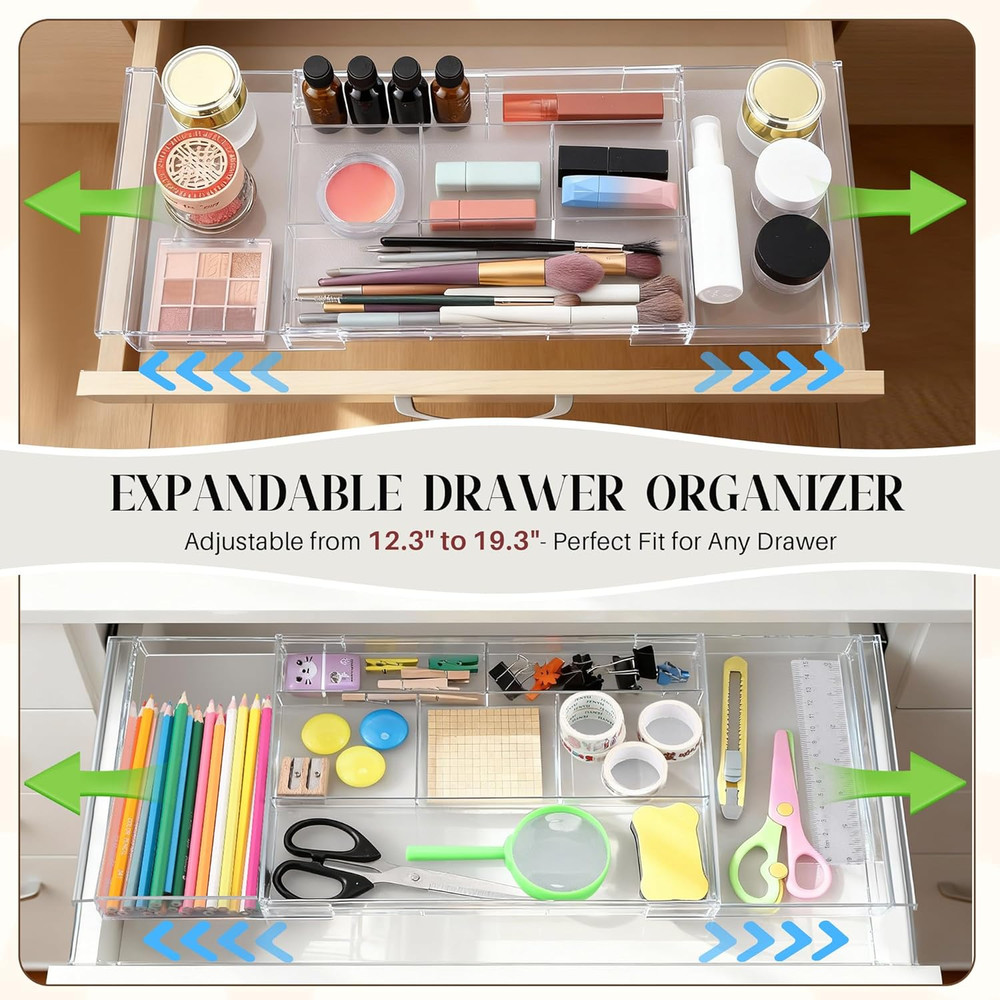 2Pack Shallow Expandable Drawer Organizer, Adjustable 12.5”–20” Clear Plastic Dr