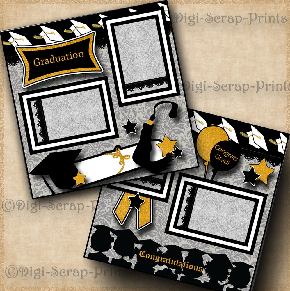 GRADUATION ~ 2 pre-made scrapbook pages paper piecing layout school ~ DIGISCRAP