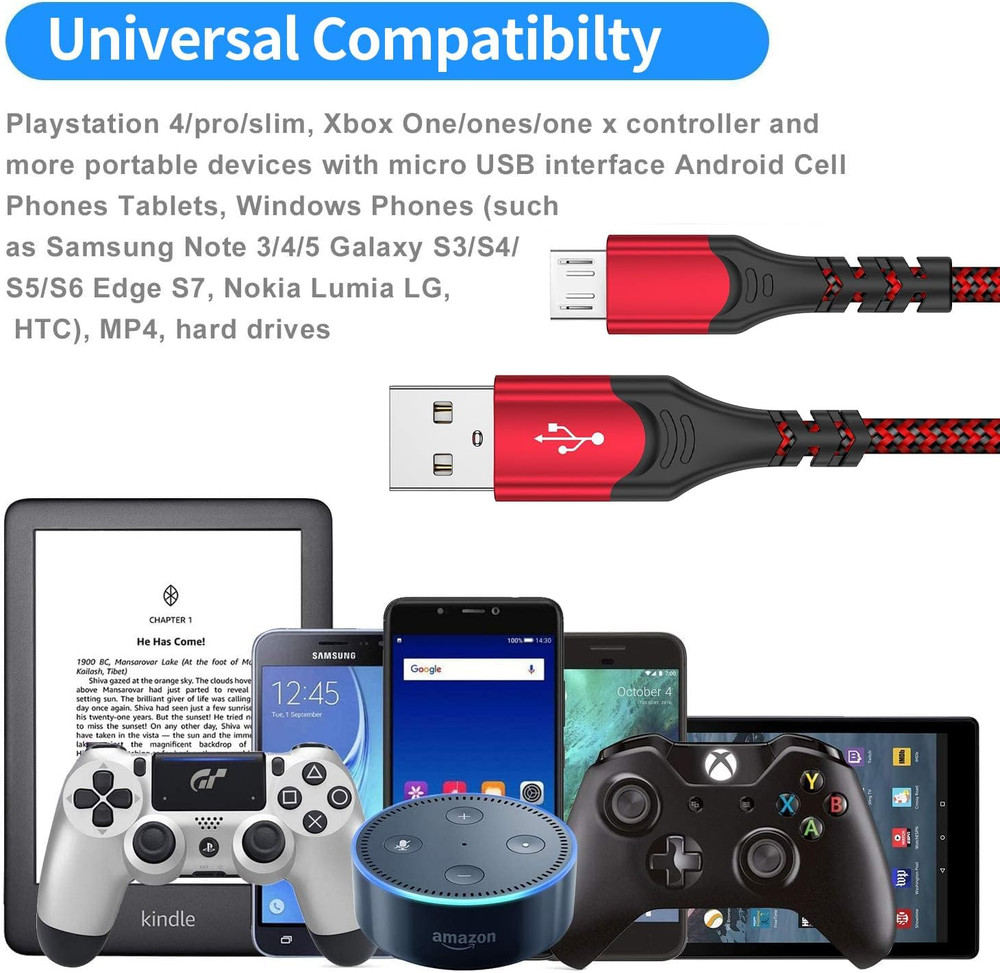PS4 Controller Charger Charging Cable – 2 Pack 10FT Nylon Braided Micro USB 2.0