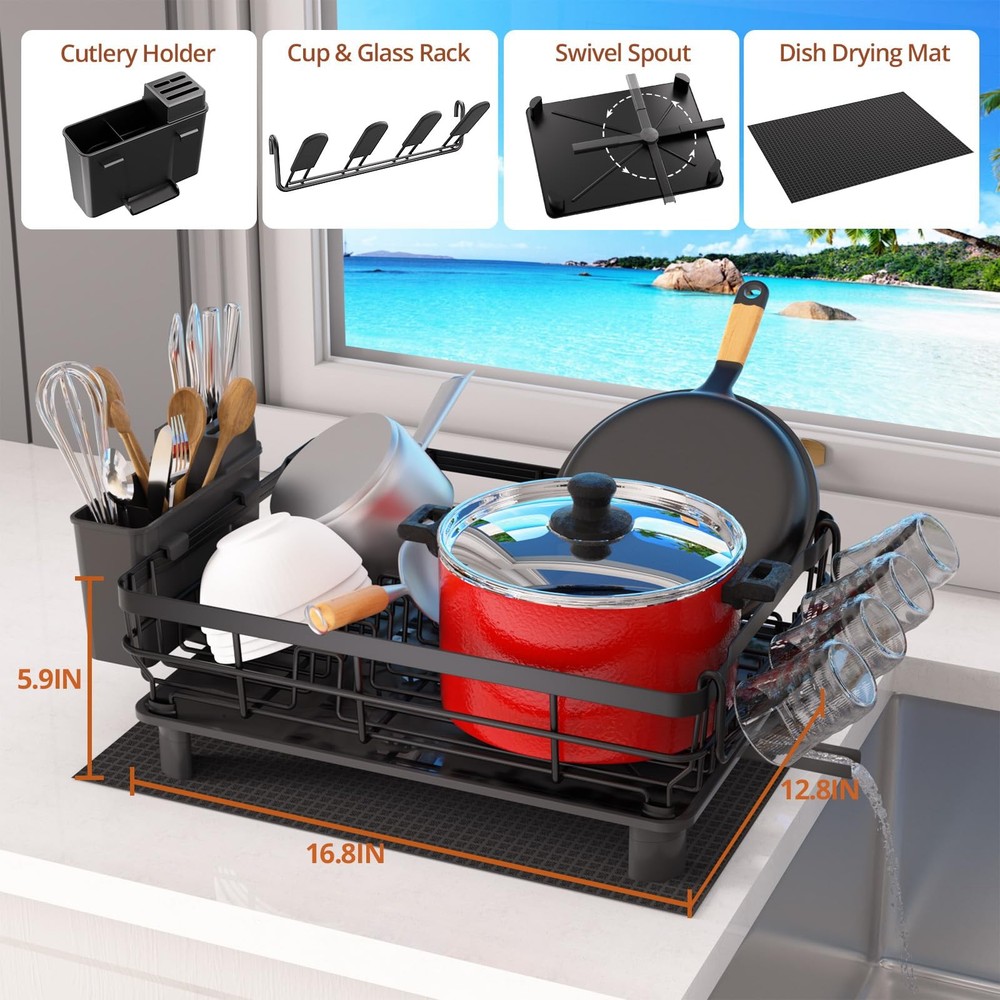 Dish Drying Rack, Dish Rack with Auto-Drain & Mat, Dish Drainers for Kitchen ...