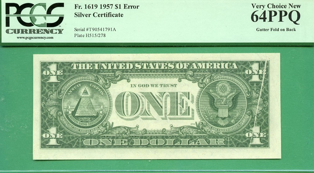 ERROR - GUTTER FOLD ON BACK - 1957 $1 SC - PCGS CU 64 PPQ - GUTTER FOLD ERROR