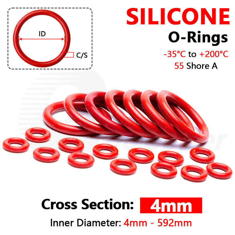 4mm Cross Section O-Ring Silicone Rubber Seals VMQ FOOD GRADE 4mm - 592mm ID Red