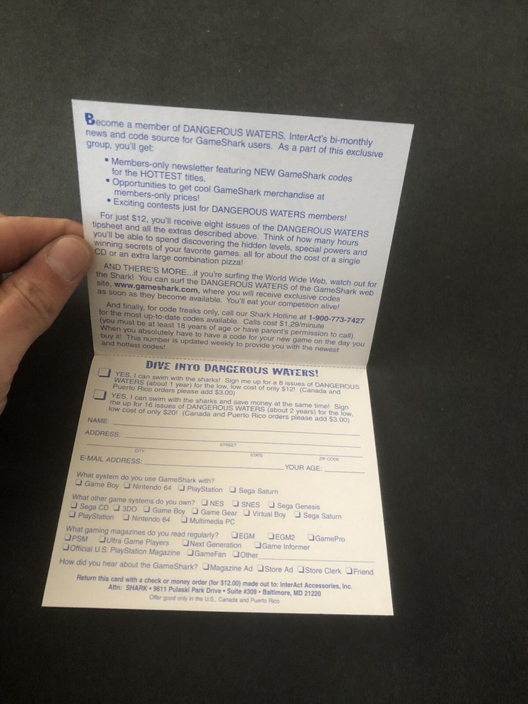 game shark Registration card Insert