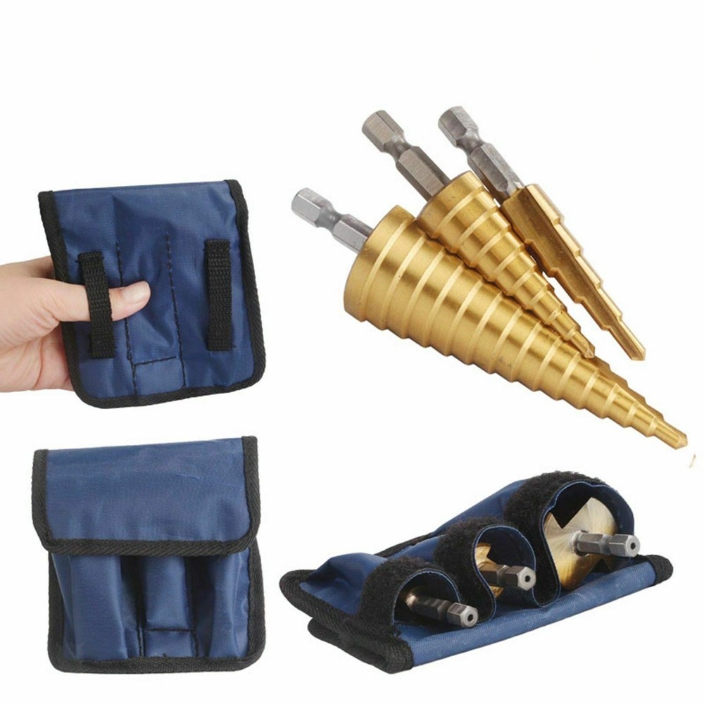3Pcs HSS Step Cone Drill Bit Set Titanium Hole Cutter Tool with Pouch Metric