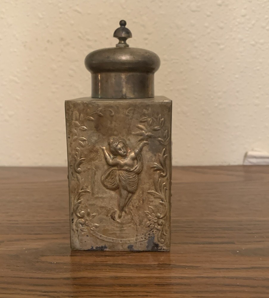 ANTIQUE GERMANY ELABORATE SILVER PLATED 5" TEA CADDY