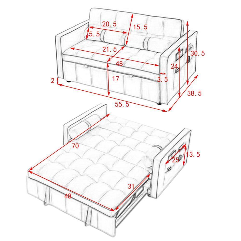 55.5" Pull Out Sleep Sofa Bed 2 Seater Adjsutable Backrest and Lumbar Pillows