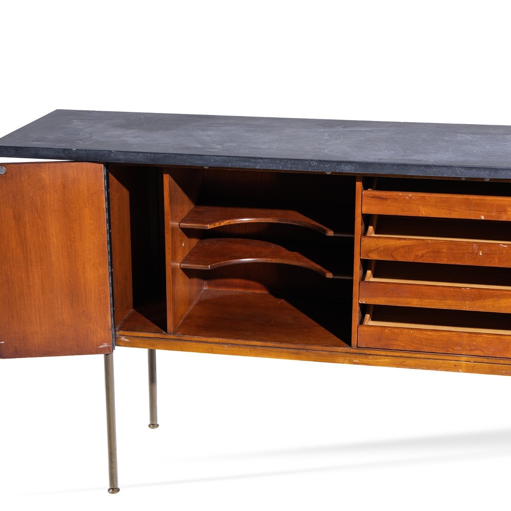 Milo Baughman for Directional Walnut, Slate and Brass Console Credenza