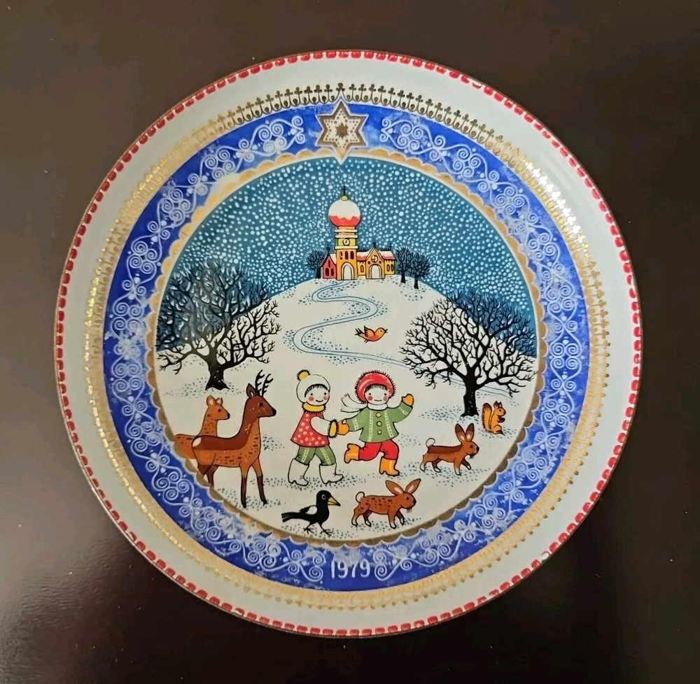 Vintage Studio Steinbock Christmas Enamel Footed Plate Bowls Handpainted Austria