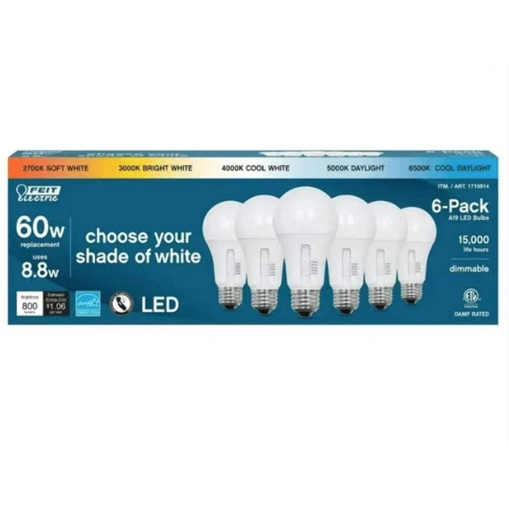 3 Boxes - Feit Electric 60 Watt A19 E26 Dimmable LED Bulb 6-Pack