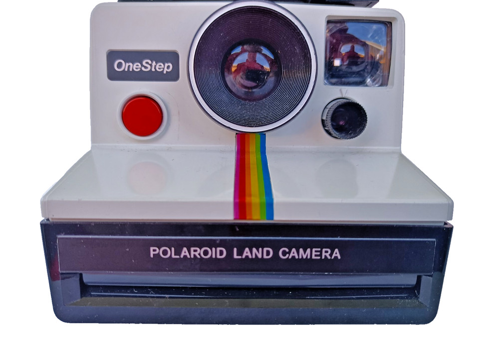 Vintage Polaroid OneStep White Rainbow Stripe Camera + ITT MAGICFLASH