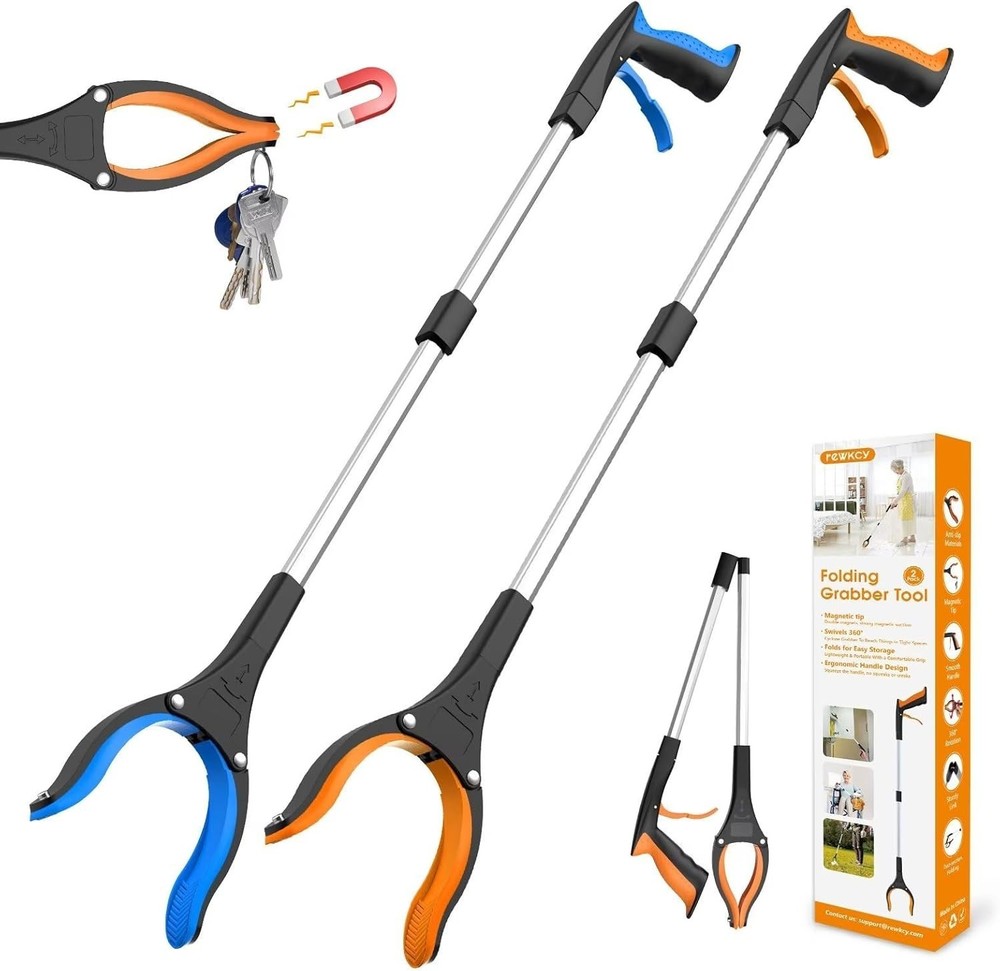 Compact 32" Grabber Tool - 2-Pack with Enhanced Silicone Jaw & Folding Design