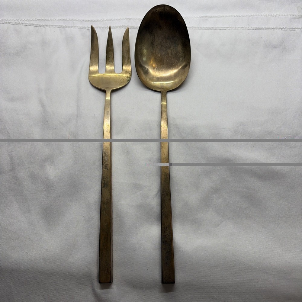 VTG Solid Bronze Servware -Fork & Spoon Hand made In Original Box (11)