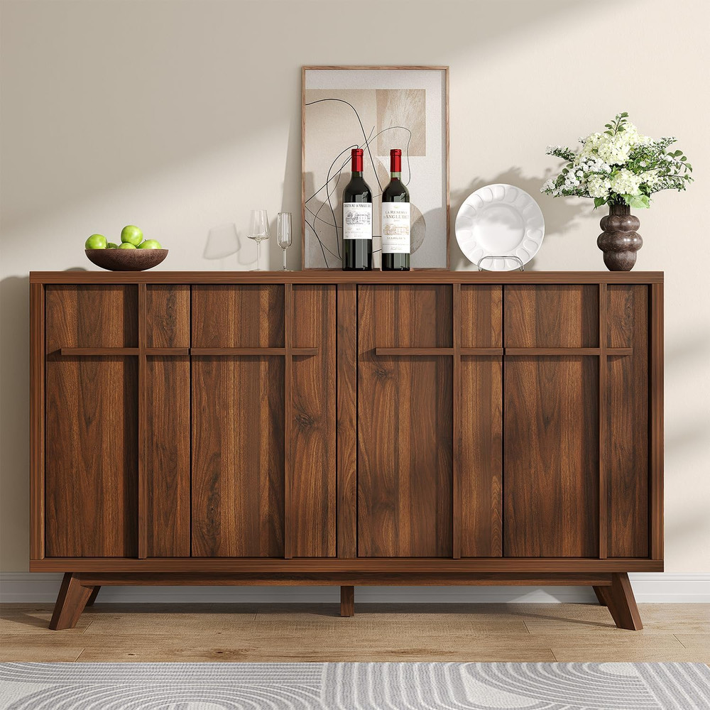 Modern Walnut Sideboard Buffet Cabinet with Adjustable Shelves & Storage