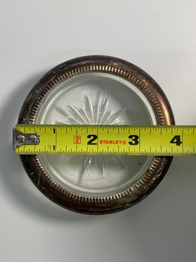 LEONARD ~ VINTAGE GLASS COASTER WITH SILVER PLATE RIM.
