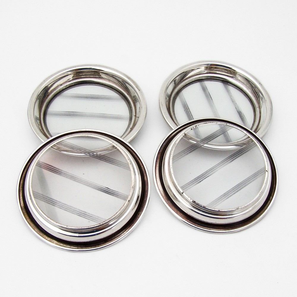 Cut Glass 4 Coasters Set Sterling Silver Borders