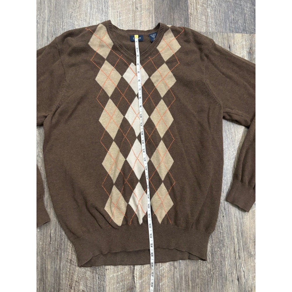 IZOD Mens Brown Argyle V-Neck Sweater 100% Cotton Pullover Size M
