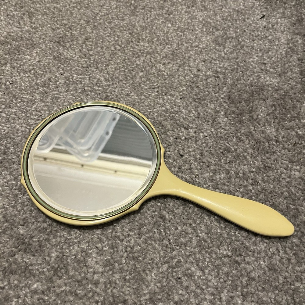 Vintage Oval Hand Vanity Mirror Enamelled Brass