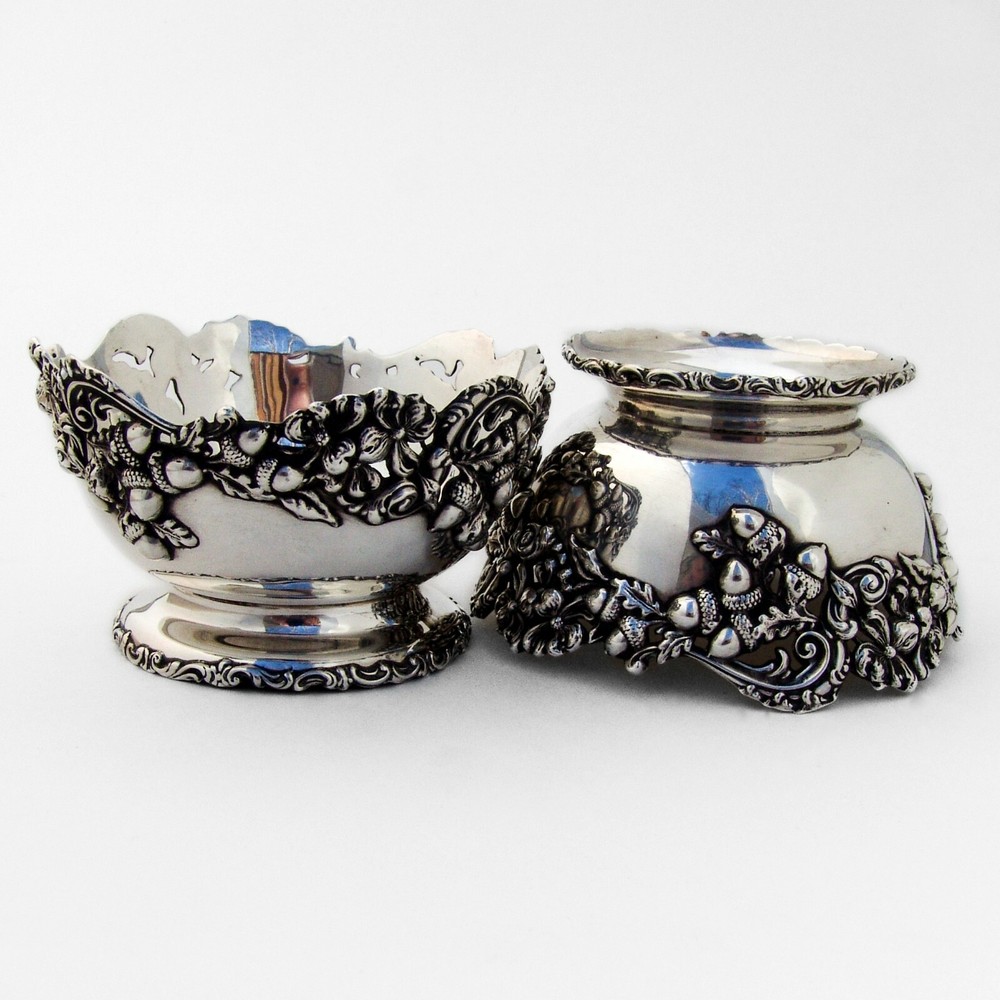 Applied Acorn Border Footed Bowls Pair Sterling Silver