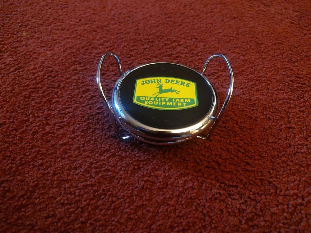 John Deere Coaster Set with Holder Green 4 Coasters Cork Bottom Chrome Trim