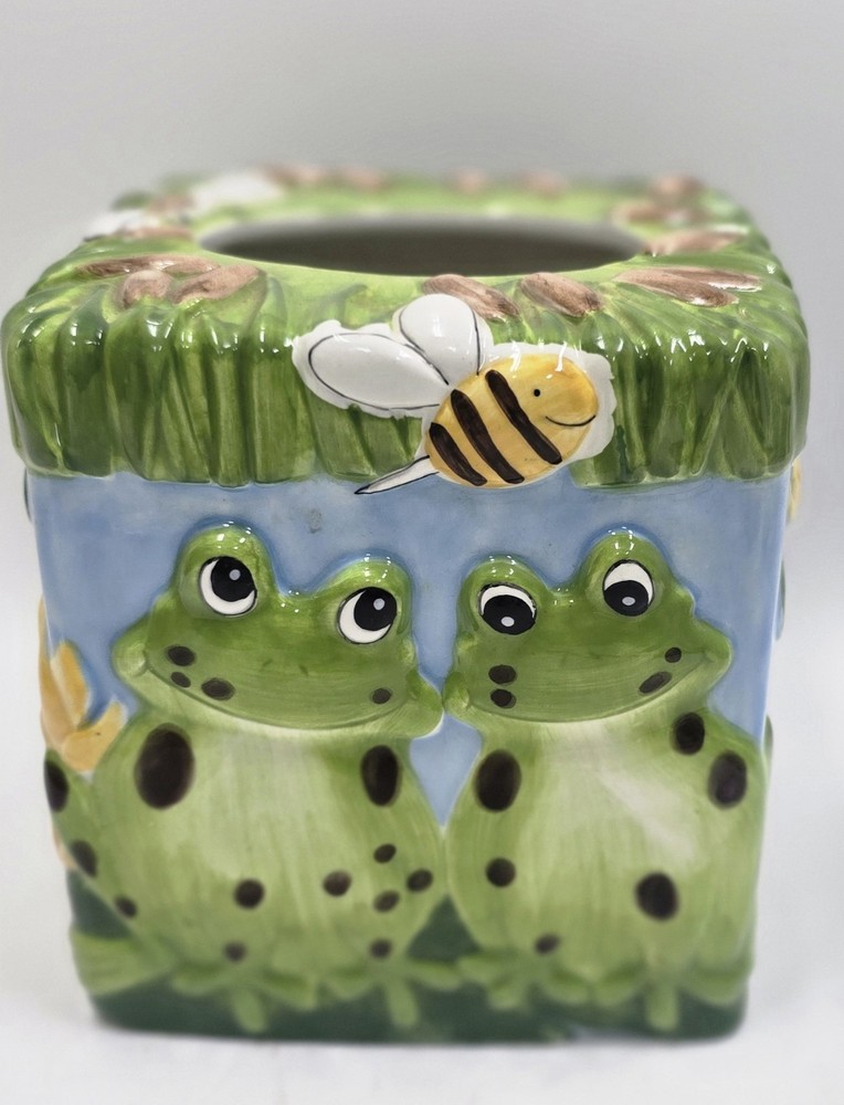 Ceramic Frog Tissue Box Holder Handpainted