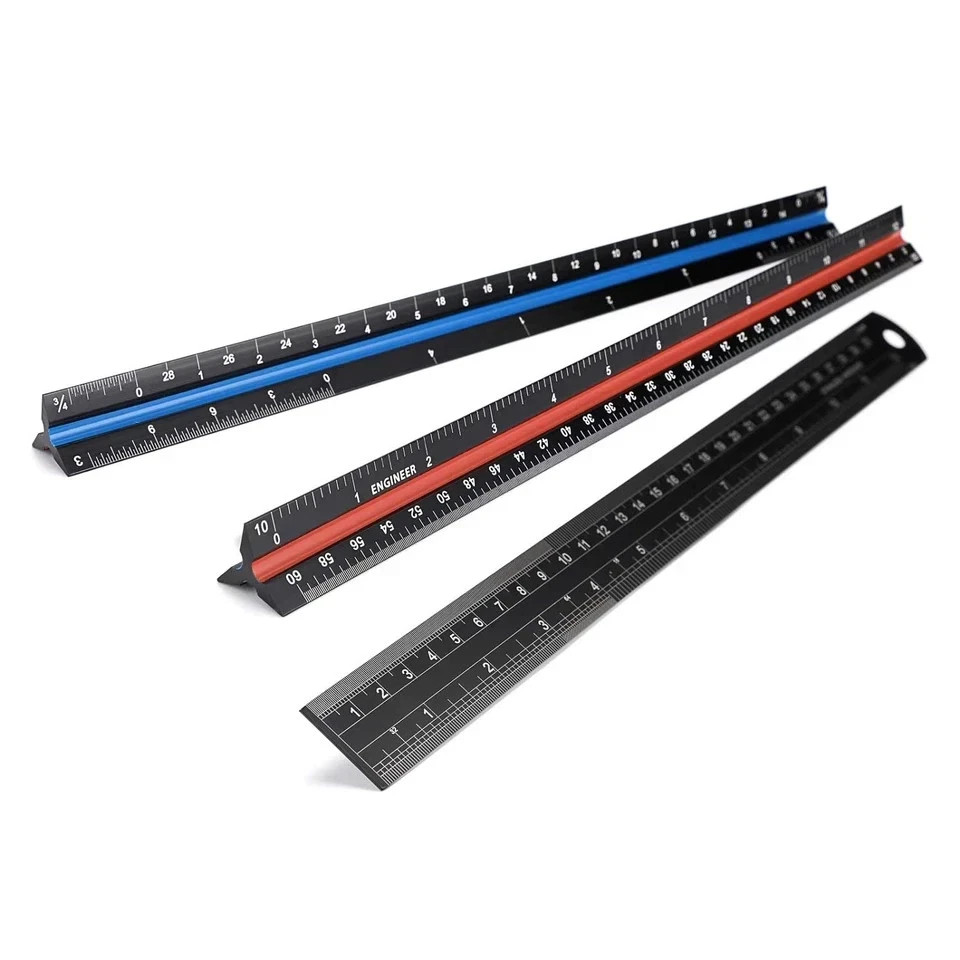 3 Pack 12 Inch Solid Aluminum Triangular Architect Scale Ruler Set, 3-Colo