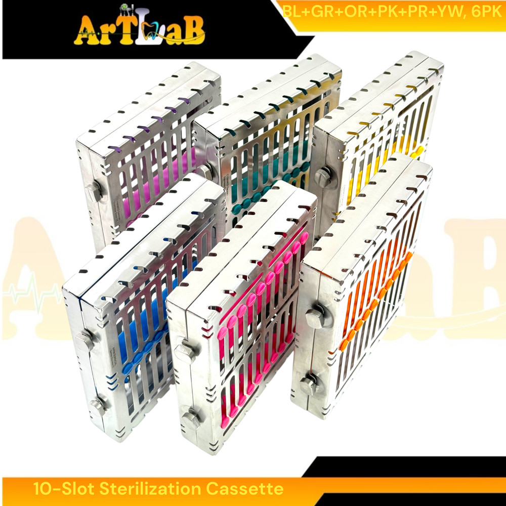 6 Count - Sterilization Cassettes for 10 Instruments, Detachable, 2-Button Lock