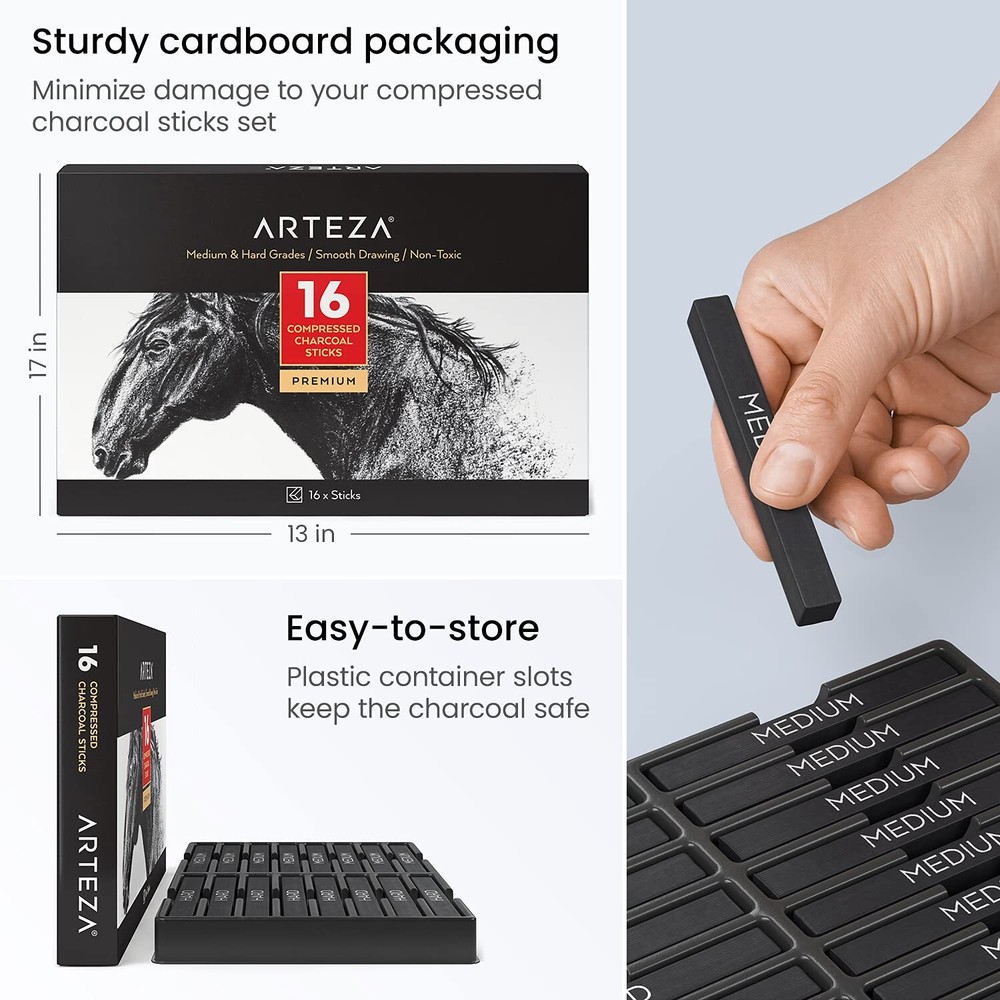 Arteza Compressed Charcoal | Medium & Hard Grade- Set of 16