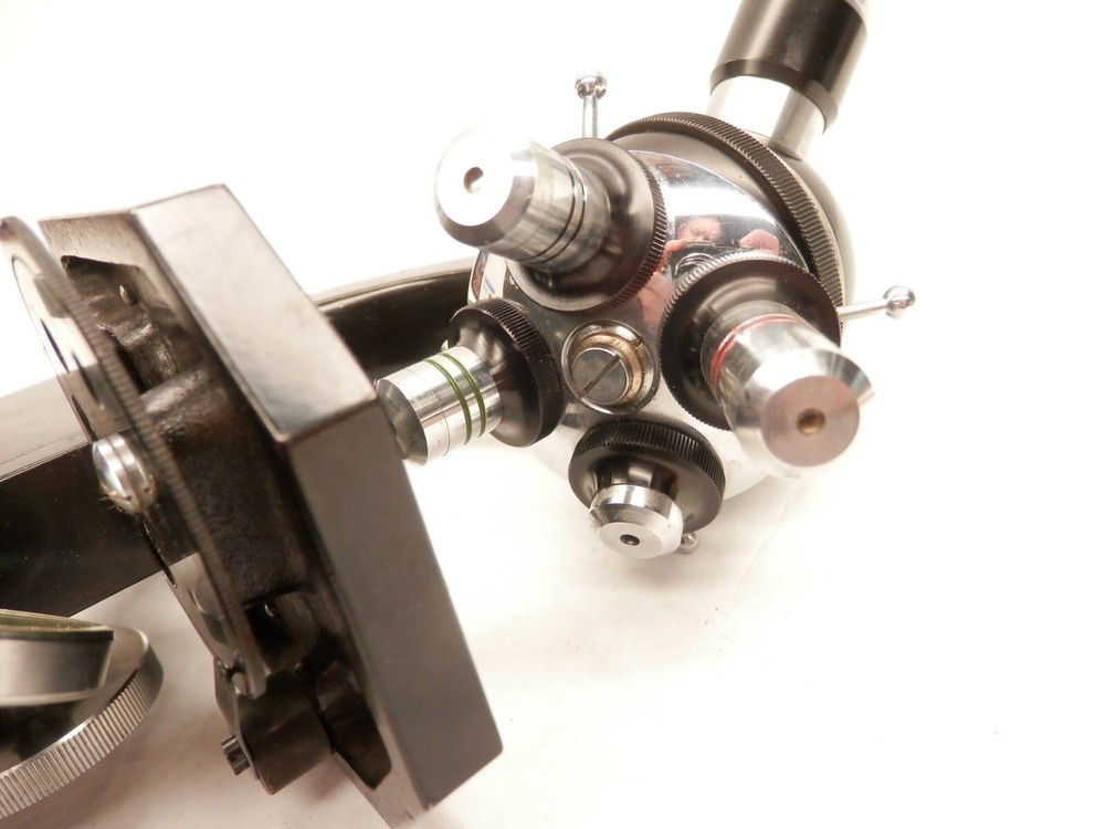 Vintage HEAVY Microscope w/Locking Wooden Box & Slides Kit