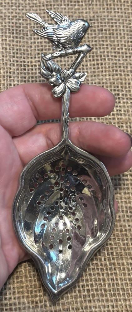 Vintage Silver Plated Bird Leaf Tea Strainer Cottage Core Nature Elegant