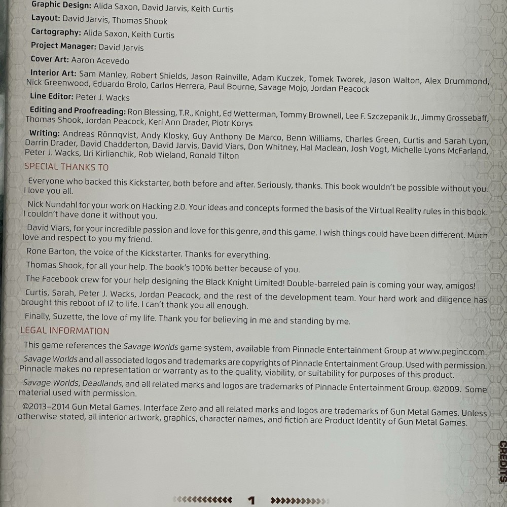 Gun Metal Sci-Fi RPG Interface Zero 2.0 (Savage Worlds Ed) VG+/NM