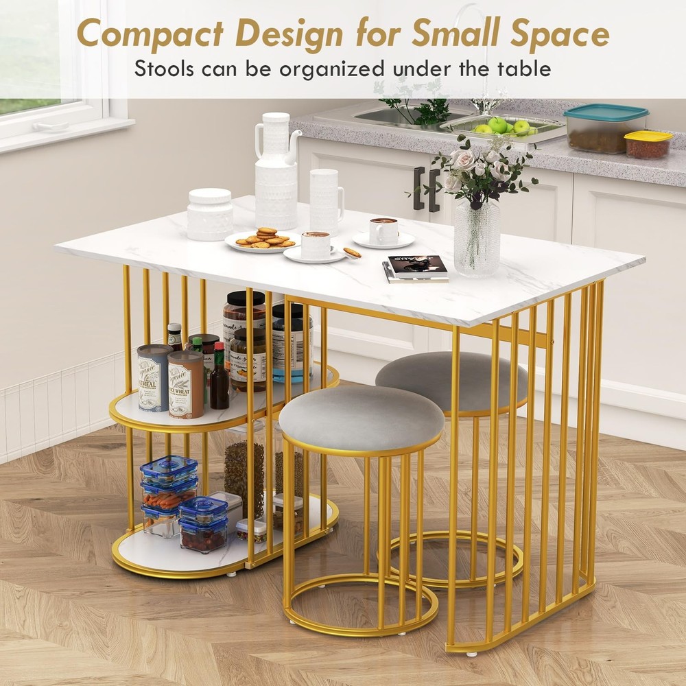 3-Piece Dining Table Set for 2, Rectangular Kitchen Table with 2 Stools, 2-Ti...