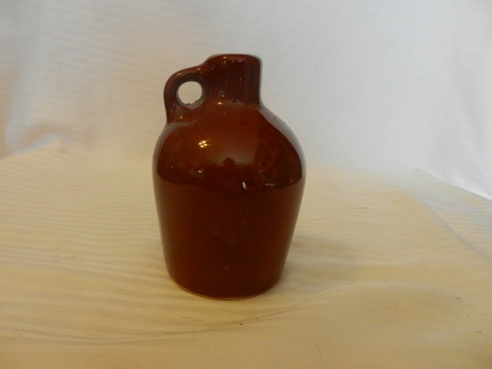 Miniature Brown Ceramic Pottery Moonshine Jug With Handle, 4.5" Tall