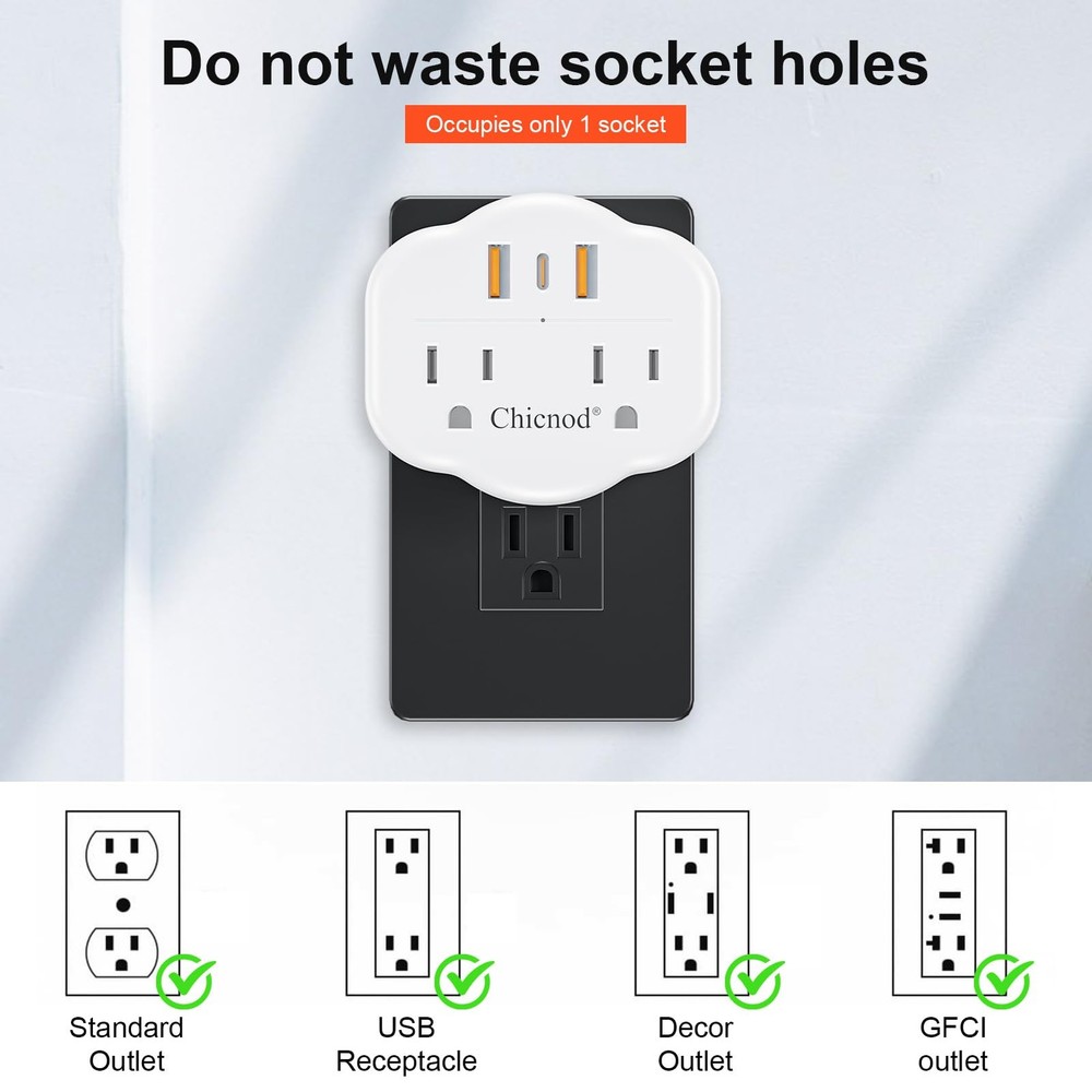 5 in 1 Wall Outlet Extender with USB & Type-C, Surge Protector, 2 AC Outlets,...