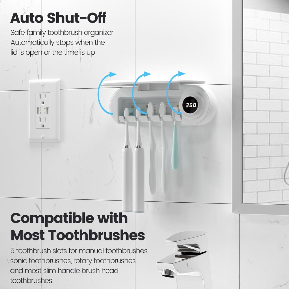 MIMORE Toothbrush Holder, 5 Toothbrush Slots Timer Function, Cordless Wall M...