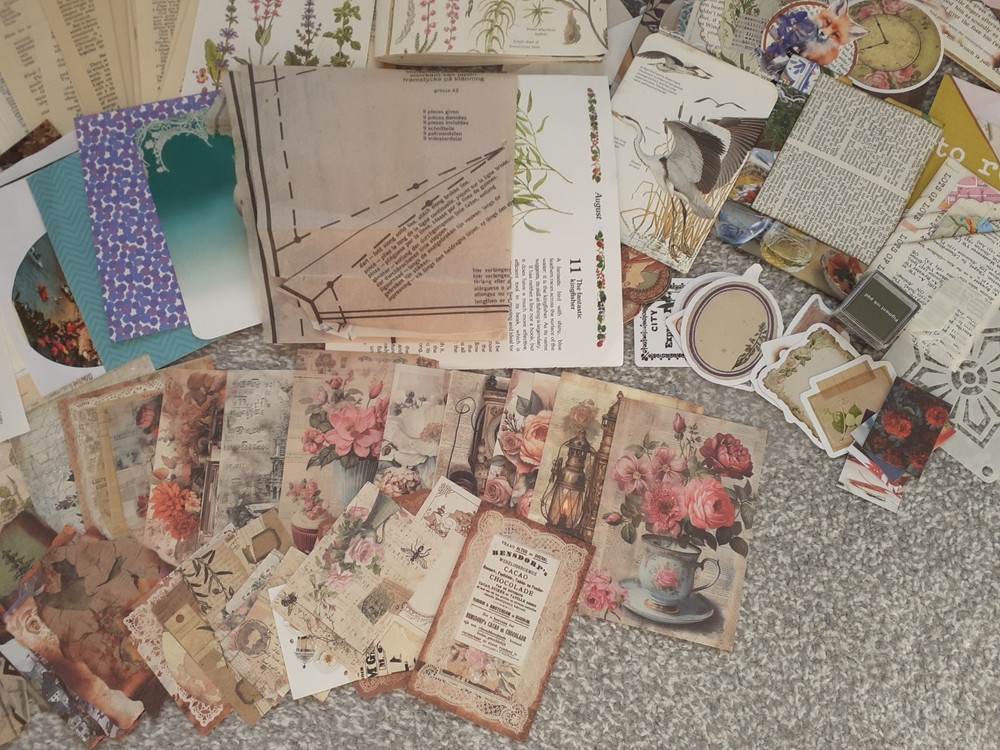 150pc junk journal kit with handmade junk journal, ephemera bundle.