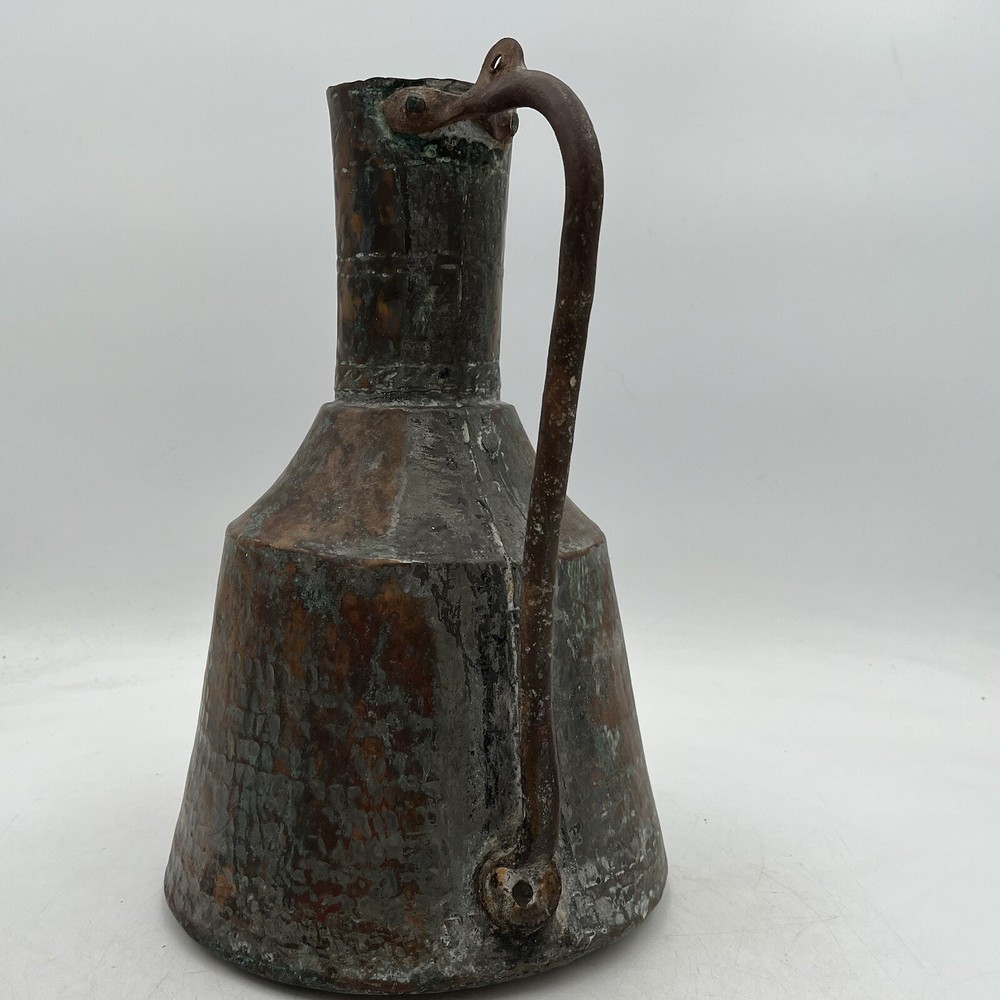 Antique Primitive Arts & Crafts Hammered Hand Raised Copper Pitcher 14''H