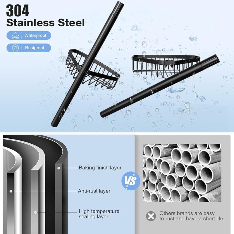 Adjustable Shower Caddy Tension Pole W/ 4 Baskets & Hooks Rust Resistant Storage