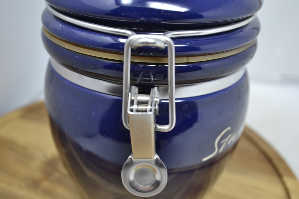 Starbucks Coffee Storage Canister Cobalt Blue Silver Script Logo Jar 7”