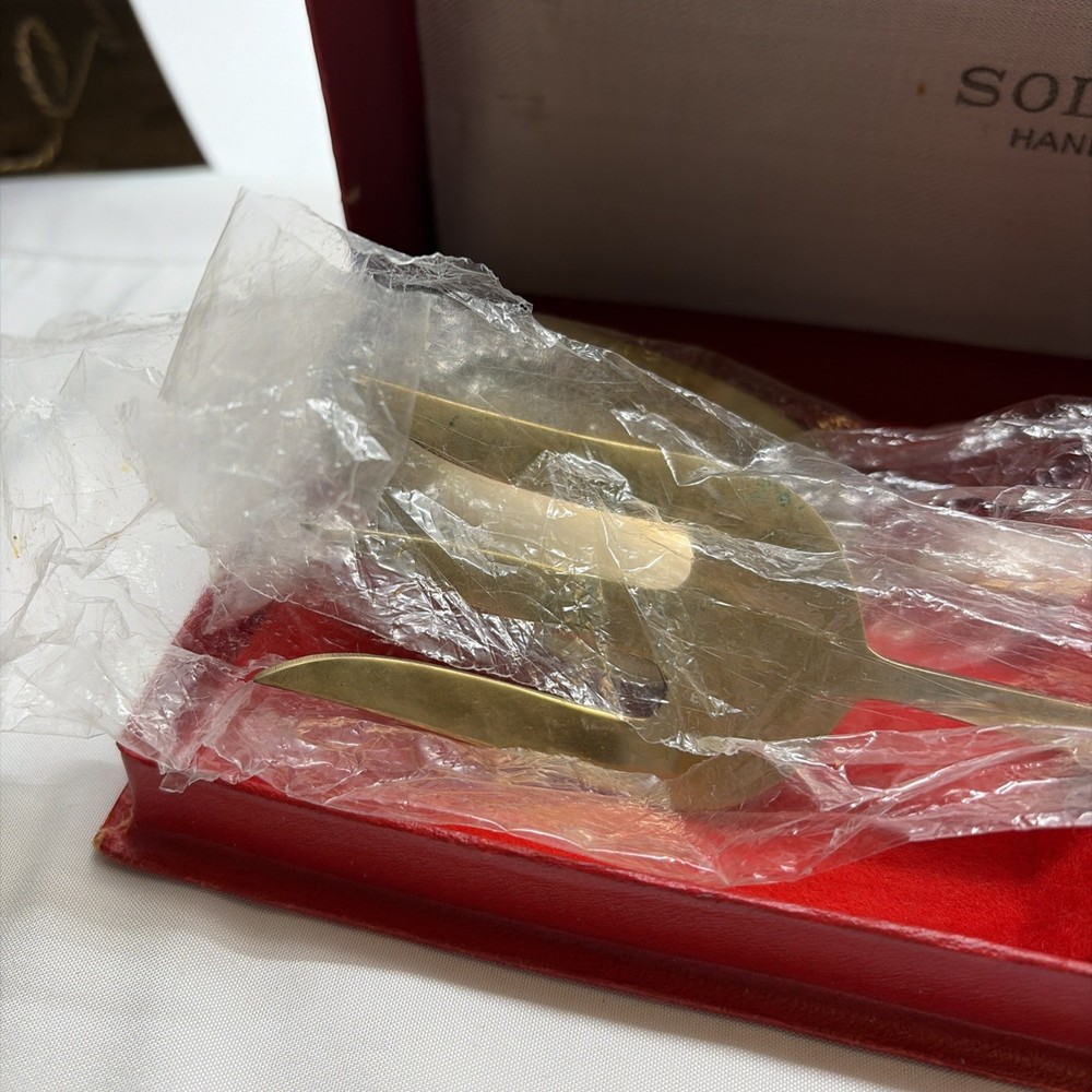 VTG Solid Bronze Servware -Fork & Spoon Hand made In Original Box (11)