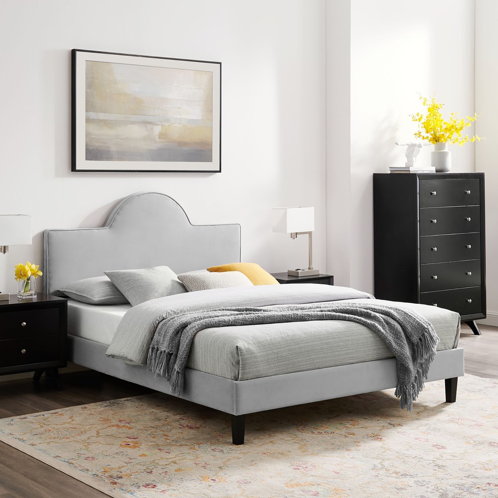 Modway Soleil Performance Velvet Queen Bed in Light Gray