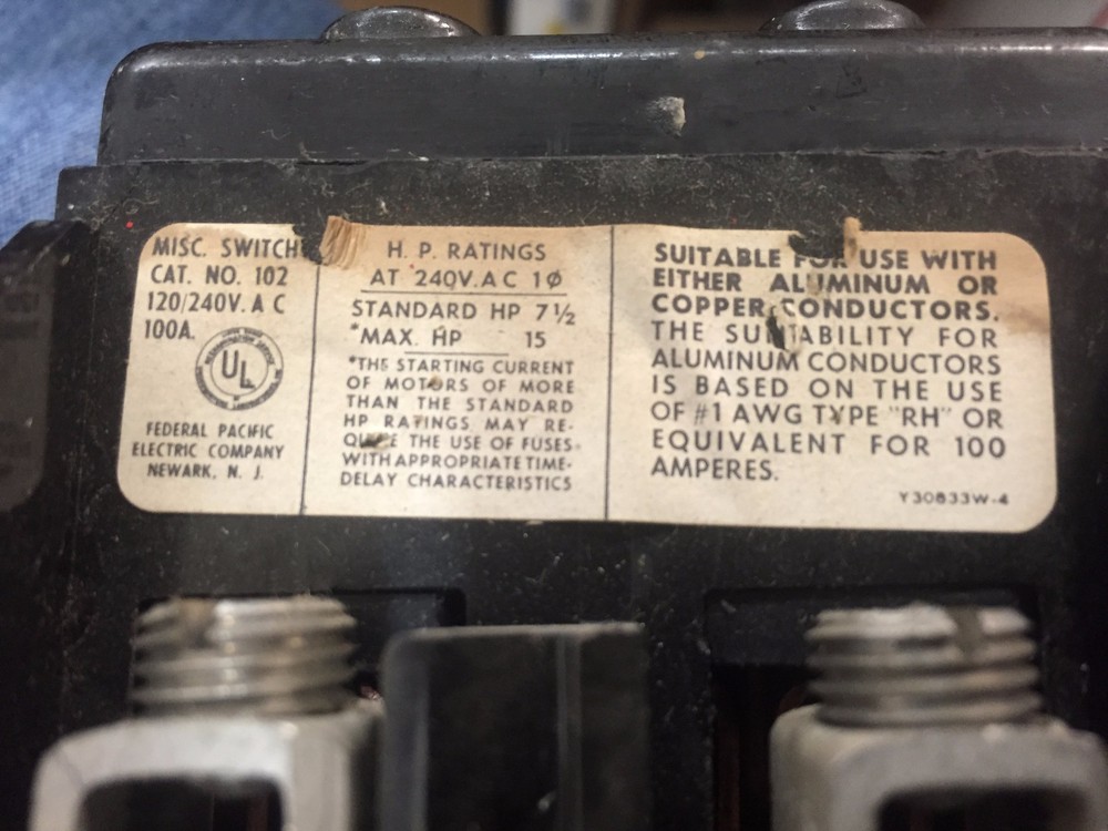 FPE FEDERAL PACIFIC 102 100AMP FUSE BLOCK & PULLOUT