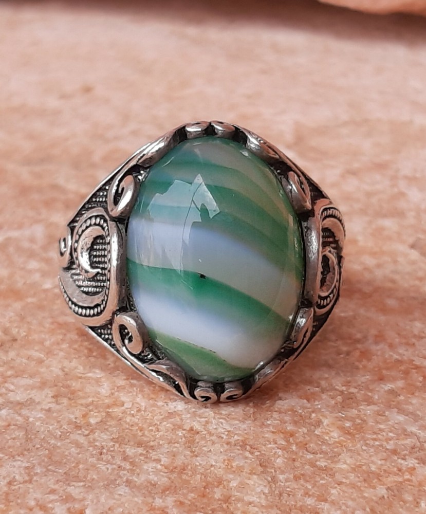925 Silver Ring Solitaire Seal Rainbow Agate Ring Man Sterling Agate $