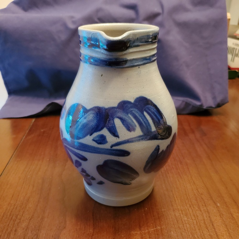 Vintage Salt Glazed Blue Handpainted Pitcher 7.25"